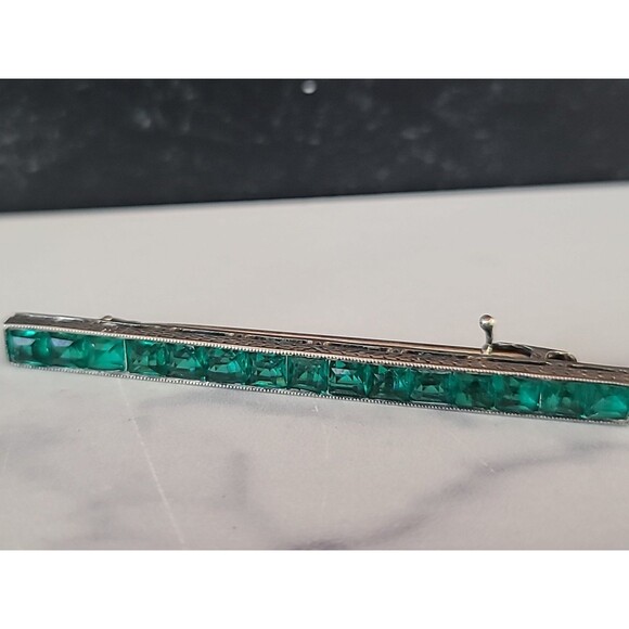 925 Sterling Silver Green Crystal Bar Brooch Vintage - Picture 6 of 10